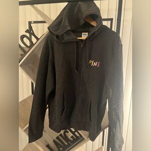 PINK Victoria's Secret Full-Zip Hoodie - Charcoal Gray/Blackwith Multicolor Logo